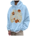 Sky blue fleece hoodie for men and women featuring Halloween rib and pumpkin print - S / Tops / Sky Blue