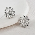 Minimalist silver sunflower stud earrings with rhinestone in stainless steel design - Silver Swirl Daisy With Zirconia Style (E847-01)