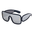 Oversized wrap-around black shield sunglasses with grey lenses and gold metal trim - Black Frame Silver Mirror