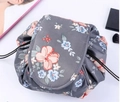Gray drawstring makeup bag with floral print and waterproof nylon fabric - Dark Grey Flower