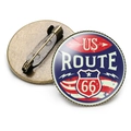 Detail view showing front and back of US Route 66 vintage pin with glass dome and metal clasp - US Route 66 Stars and Stripes Mix