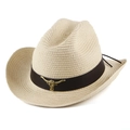 Creamy white western straw cowboy hat with a brown leather band and golden bull head buckle - Head Circumference 57-58cm / Beige