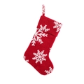 Calza natalizia in peluche rosso con motivi a fiocco di neve bianchi e asola per l'albero - Calza Di Natale Jacquard Rosso