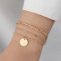 Three-layer gold chain bracelet with round coin pendant featuring multilayer stacking design - Gold-2