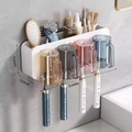 Wall-mounted bathroom toothbrush holder with four colorful cups and storage compartments - 4-Cup Style-Upgraded Handle-White