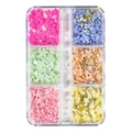 DIY nail art kit with pink, purple, and green 3D flowers and rhinestones in a 6-grid box - Style 5