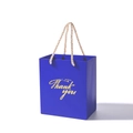 Blue and gold wedding gift bag with Thank You calligraphy and braided handles - 13x8x15cm / Blue + Champagne Handle