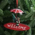 Christmas hanging ornament featuring red polka dot umbrella with reindeer and welcome sign - Reindeer Welcome Style