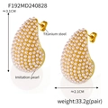 Golden titanium steel teardrop earrings featuring pinkish imitation pearl pavé inlay - F192-Gold Imitation Pearl Water Drop Earrings