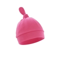 Detailed view of pink knitted newborn baby knot hat with soft ribbed texture - Rose Red