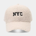 Creamy white NYC embroidered fleece baseball cap with warm lamb wool texture for winter - Adjustable / Beige