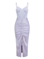 Detail of lavender satin dress featuring corset boning and drawstring pleated slit - S / Silver Gray