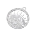 Gros plan détaillé d'un pendentif soleil en argent avec motif œil et pierres de zircon - Œil protecteur / Or Blanc