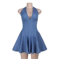 Detailed close-up of blue denim halter dress with deep V-neck and metal heart buckle - S / Blue