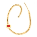 Detail of gold Cuban chain necklace featuring a red circular pendant and lobster clasp - Red Necklace