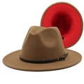Detail of camel fedora hat with red interior, black leather band and gold buckle - M (56-58cm) / Khaki and Red