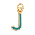 Golden alphabet J pendant with blue enamel inlay and round metal ring connector - Sky Blue - Letter J