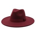 Detailed view of burgundy wool felt wide-brim fedora hat with a matching ribbon bow - M (56-58cm) / Burgundy