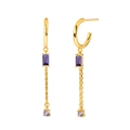 Detail of long gold tassel earrings with rectangular and round purple zircon stones - Gold Purple Zirconia