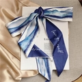 Vintage style silk hair ribbon with blue water ripple print and love yourself text - Ultramarine Ink Landscape