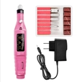 Portable pink electric nail drill set with 6 metal bits and power adapter for manicure - US Plug / Pink