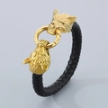 Braided black leather bracelet with golden wolf head claps in Nordic Viking style - Gold Wolf Head (KB58218-D) / 22cm