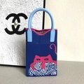 Navy blue knitted phone bag with pink cat and white yarn ball pattern for casual style - Cat Blue & Rose Red