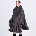 Dunkelgrauer Strickponcho Umhang mit Kunstpelzkragen und lockerer Passform - Dunkelgrau