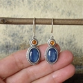 Boucles d'oreilles ethniques en argent vintage avec kyanite bleue et ambre sur branche - Cyanite Rétro Artisanal