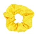 Macro detail of glossy yellow satin scrunchie showing smooth fabric texture and folds - Yellow