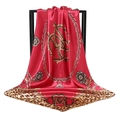 Red satin square scarf featuring gold chain prints and leopard border details - 90x90cm / Deep Rose Red