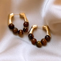 Golden heart geometric earrings with brown faux tiger eye stones on silk background - 4# Silver Pin - Gold - Brown - Real Gold Plated