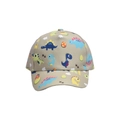 Close-up of khaki children baseball cap featuring colorful dinosaur print and sun brim - Animal World Style B