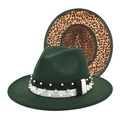 Detail of dark green wool fedora with leopard print lining and pearl rhinestone band - M (56-58cm) / Dark Green