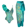 Ethnic one-shoulder ruffle swimsuit and matching wrap skirt with blue mandala print - S / Swimsuit & Wrap Skirt Set
