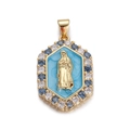 Detailed macro view of Virgin Mary pendant with blue enamel and cubic zirconia stones - Blue Virgin Mary Style