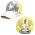 Grey and pink tie-dye ponytail baseball cap with yellow mesh back and velcro strap - Yellow
