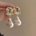 Vintage gold rectangle earrings with red rose pattern and large baroque pearl drop - 67# Silver Needle-Gold-Arc
