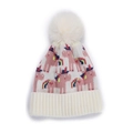 Cremeweiße Kinder-Strickmütze mit rosa Einhornmustern und flauschigem Kunstpelz-Bommel - 50-52CM / Weiß