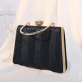 Elegant black pleated evening clutch bag with golden metal handle and crystal clasp - Dark Blue