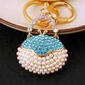 Blue rhinestone and pearl mini handbag keychain charm with gold metal finish - Blue Round Pearl Handbag