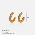 Golden stainless steel C-shape twisted hoop earrings with micro-set white zircon stones - Spiral Texture Full Rhinestone Style (YHTSE-2501399)