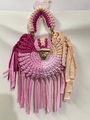 Handmade crochet shoulder bag in colorful striped cotton fabric with long tassels - Rose Red & Cream Patchwork