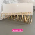 6-Pair Set of golden hoop earrings featuring twisted, smooth, and wavy metal designs - 30# Silver Pin (12-Piece Set) / Gold