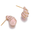 Golden teardrop tassel stud earrings with pink marble enamel and clear crystal accents - Pink Enamel Water Drop Rhinestone Earrings 852-fen