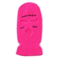 Detail of hot pink 3-hole knitted balaclava with NOT NICE text embroidery - One Size / Rose Red