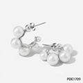 Silver stainless steel C-shaped hoop earrings with white pearls, model PDE1709 - Silver (PDE1709)