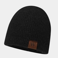 Bonnet en maille côtelée noire à texture pelucheuse avec écusson en cuir W pour l'hiver - Noir