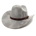 Dettaglio cappello cowboy grigio intrecciato con cinturino in pelle e fibbia a corno lungo - M(56-58cm) / Grigio a Righe