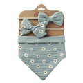 Close-up of light blue baby bib and headband set with white daisy patterns and a bow - Light Blue Daisy